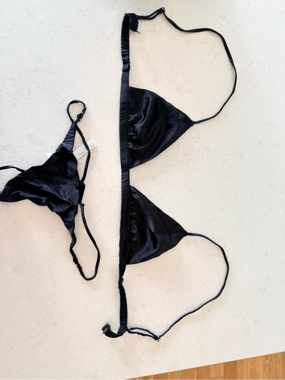 Fleur du Mal Black Satin Triangle Bralette and thong